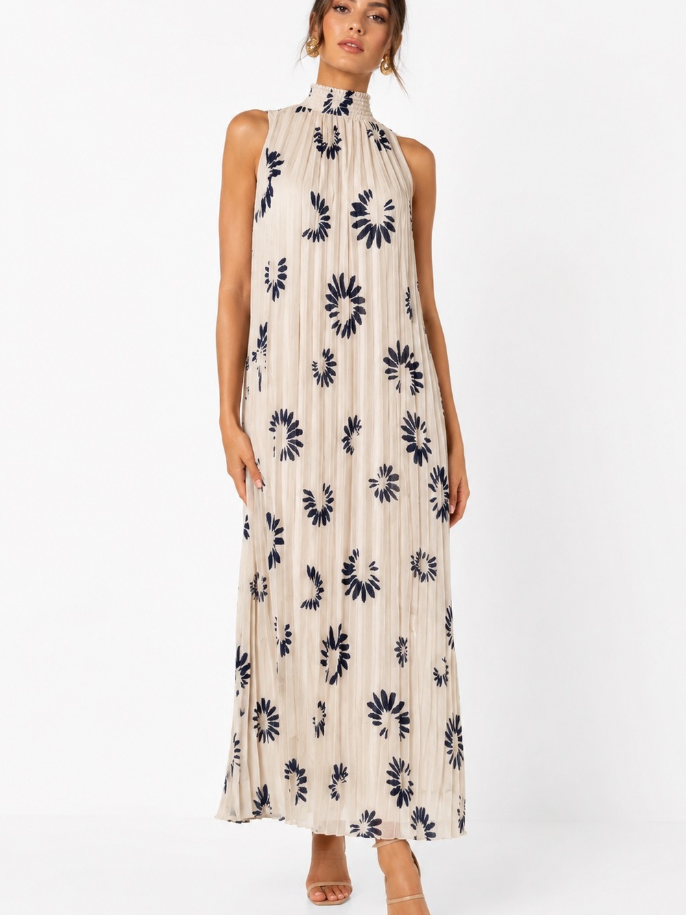 HALOGEN Halter Neck Chiffon Cream Pleated Maxi Dress w Black Daisy Print